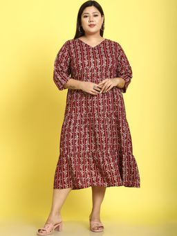 theRebelinme - Plus Size Womens Maroon Gold Foil Printed A-Line Midi Dress