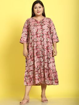 theRebelinme - Plus Size Womens Maroon Rose Floral Printed A-Line Midi Dress