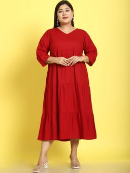 theRebelinme - Plus Size Womens Maroon Solid Color A-Line Midi Dress