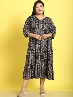 theRebelinme - Plus Size Womens Navy Gold Foil Printed A-Line Midi Dress
