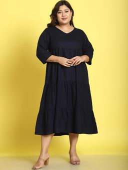 theRebelinme - Plus Size Womens Navy Blue Solid Color A-Line Midi Dress
