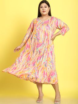 theRebelinme - Plus Size Womens Pink Gold Foil Printed A-Line Midi Dress