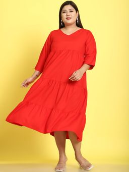 theRebelinme - Plus Size Womens Red Solid Color A-Line Midi Dress