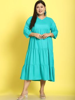 theRebelinme - Plus Size Womens Green Solid Color A-Line Midi Dress