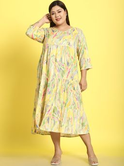 theRebelinme - Plus Size Womens Yellow Gold Foil Printed A-Line Midi Dress