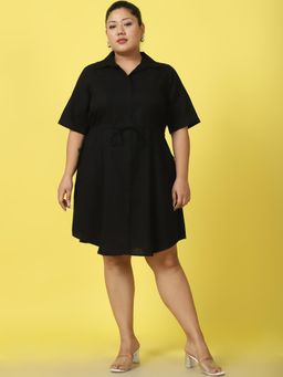 theRebelinme - Plus Size Womens Black Solid Color A-Line Linen Shirt Dress