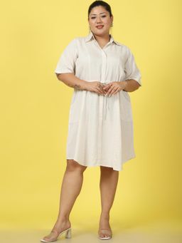 theRebelinme - Plus Size Womens Natural Solid Color A-Line Linen Shirt Dress
