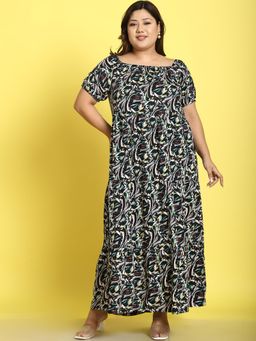 theRebelinme - Plus Size Womens Black Abstract Printed A-Line Maxi Dress