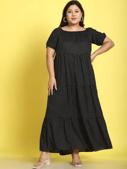 theRebelinme - Plus Size Womens Black Polka Dot Printed A-Line Maxi Dress
