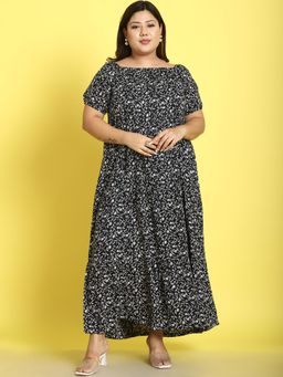theRebelinme - Plus Size Womens Black Small Floral Printed A-Line Maxi Dress