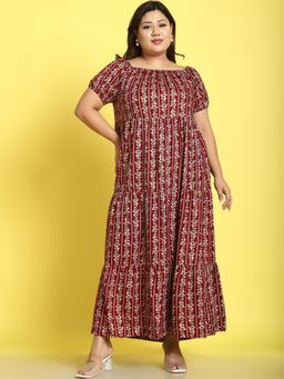 theRebelinme - Plus Size Womens Maroon Gold Floral Printed A-Line Maxi Dress