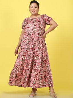 theRebelinme - Plus Size Womens Maroon Rose Floral Printed A-Line Maxi Dress