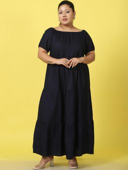 theRebelinme - Plus Size Womens Navy Blue Solid Color A-Line Maxi Dress