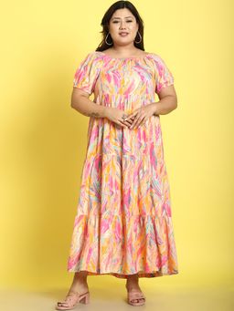 theRebelinme - Plus Size Womens Pink Gold Foil Printed A-Line Maxi Dress