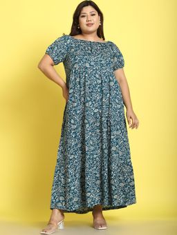 theRebelinme - Plus Size Womens Teal Batik Floral Printed A-Line Maxi Dress