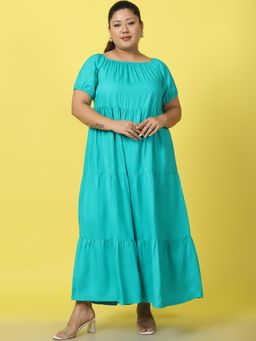theRebelinme - Plus Size Womens Green Solid Color A-Line Maxi Dress, Has A Boat Neck
