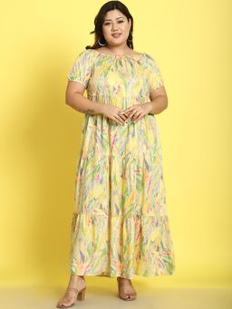 theRebelinme - Plus Size Womens Yellow Gold Foil Printed A-Line Maxi Dress