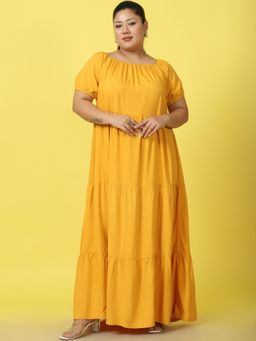 theRebelinme - Plus Size Womens Mustard Solid Color A-Line Maxi Dress