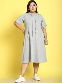 theRebelinme - Plus Size Womens Light Grey Solid Color Cotton Knitted Hoody Dress
