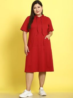 theRebelinme - Plus Size Womens Maroon Solid Color Cotton Knitted Hoody Dress
