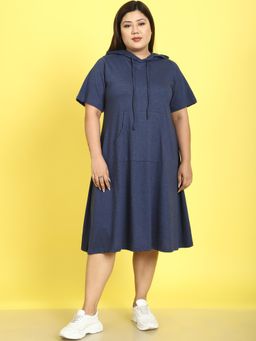 theRebelinme - Plus Size Womens Melange Blue Solid Color Cotton Knitted Hoody Dress