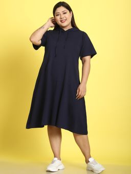 theRebelinme - Plus Size Womens Navy Blue Solid Color Cotton Knitted Hoody Dress