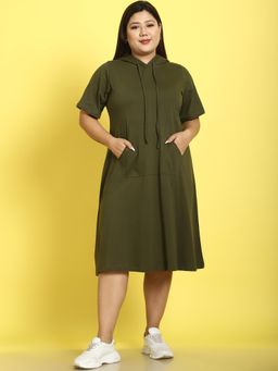 theRebelinme - Plus Size Womens Olive Solid Color Cotton Knitted Hoody Dress