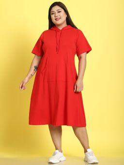 theRebelinme - Plus Size Womens Red Solid Color Cotton Knitted Hoody Dress