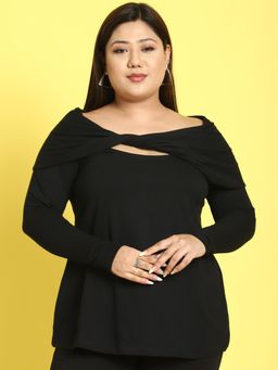 theRebelinme - Plus Size Womens Black Solid Color Twisted Knitted Top