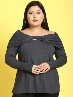 theRebelinme - Plus Size Womens Charcoal Grey Solid Color Twisted Knitted Top