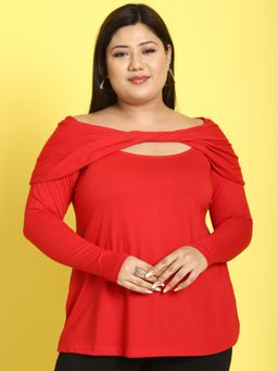 theRebelinme - Plus Size Womens Red Solid Color Twisted Knitted Top