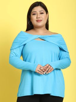 theRebelinme - Plus Size Womens Blue Solid Color Twisted Knitted Top