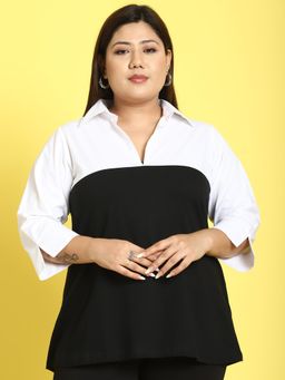 theRebelinme - Plus Size Women Black & White Color Block Shirt Collar Top