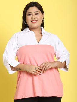 theRebelinme - Plus Size Women Dark Peach & White Color Block Shirt Collar Top