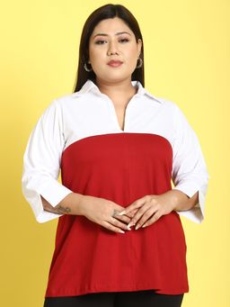 theRebelinme - Plus Size Women Maroon & White Color Block Shirt Collar Top