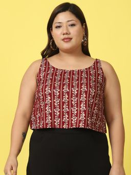 theRebelinme - Plus Size Womens Maroon Gold Foil Printed Woven Cropped Top