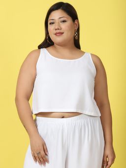 theRebelinme - Plus Size Womens White Solid Color Woven Cropped Top