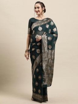 Sareemall - Women Linen Teal Blue Woven Design Saree with Unstitched Blouse Piece