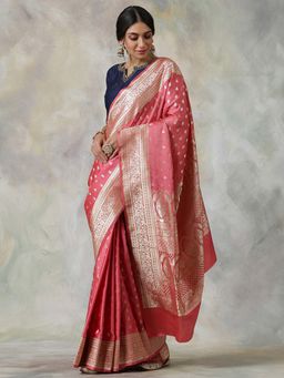 WeaverStory - Rose Pink Handloom Pure Satin Silk Banarasi Saree With Unstitched Blouse