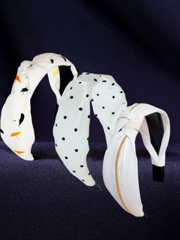 OOMPH - White and Gold Silk Printed- Polka Dots- Knotted Hair Band- Set of 3