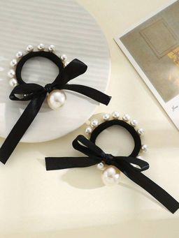 OOMPH - Black Nylon Big Pearl Rubber Band Ponytail Holder Set of 2