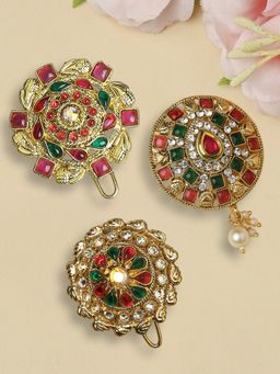 OOMPH - Red- Maroon and Green Stones Ethnic Hair Bun Pin - Juda Pin- Set of 3