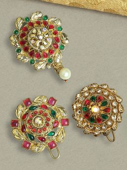OOMPH - Red-Maroon and Green Stones Ethnic Hair Bun Pin - Juda Pin- Set of 3