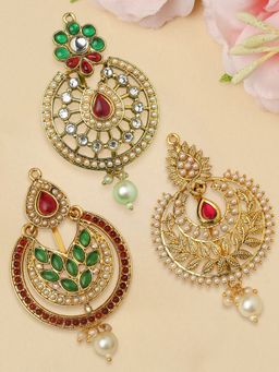 OOMPH - Multi-Color Gold Tone Kundan Hair Bun Pin Ethnic Chandbali Style- Set of 3