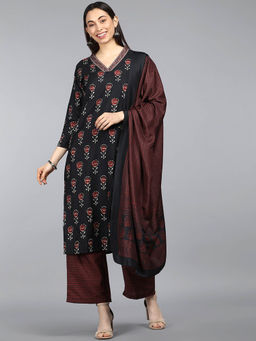 Vaamsi - Black Polyester Ethnic Motifs Printed Straight Kurta Palazzo with Dupatta (Set of 3)