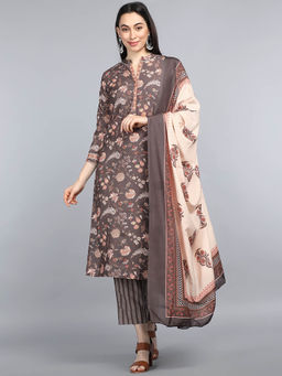 Vaamsi - Taupe Poly Crepe Ethnic Motifs Printed Straight Kurta Pants with Dupatta (Set of 3)