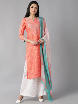 Vaamsi - Peach Polyester Ethnic Motifs Printed Straight Kurta Palazzo with Dupatta (Set of 3)