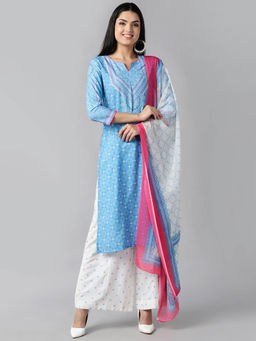 Vaamsi - Blue Polyester Ethnic Motifs Printed Straight Kurta Palazzo with Dupatta (Set of 3)
