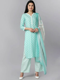 Vaamsi - Green Polyester Ethnic Motifs Printed Straight Kurta Palazzo with Dupatta (Set of 3)