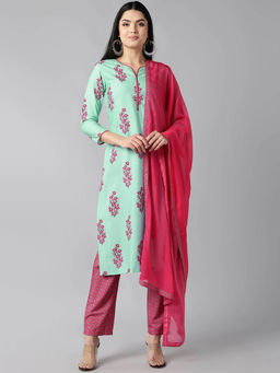 Vaamsi - Women Green Poly Crepe Floral Printed Straight Kurta Pants with Dupatta (Set of 3)